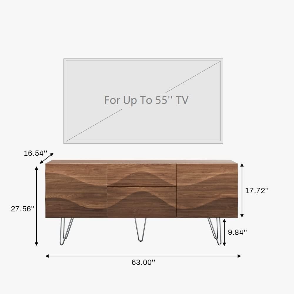 Wood Media Console, 63'' Mid Century TV Stand with Metal Legs, 4 Compartments & 2 Drawers, Unique Wave Design, Assembly-Free Living Room Tall-cast TV Cabinet for 55 inch TV - Image 2