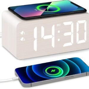 Wooden Digital Alarm Clock, 10W Fast Wireless Charger Station & 2 USB Charging Ports, with 0~99% Dimmer, Dual Alarm, Weekday/Weekend Mode, Wood LED Clock for Bedroom, Desk, Office