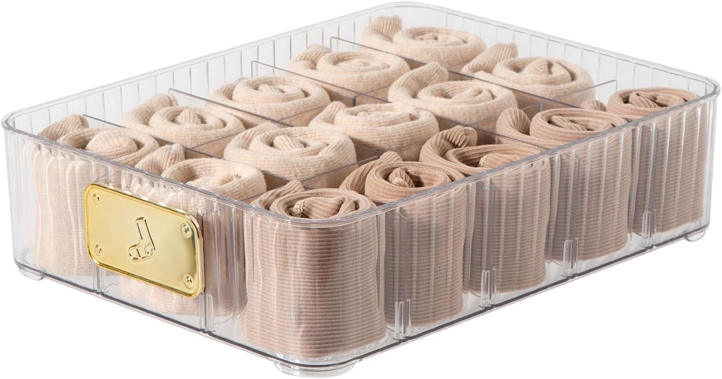 15-Compartment Detachable Plastic Underwear Drawer Organizer with Transparent Lid