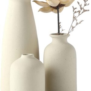 Beige Ceramic vase Set-3 Small Flower vases for Decor,Modern Boho Farmhouse Home Decor,Decorative vase for Pampas Grass&Dried Flowers,idea Shelf,Table,Bookshelf ，Entryway- Distressed
