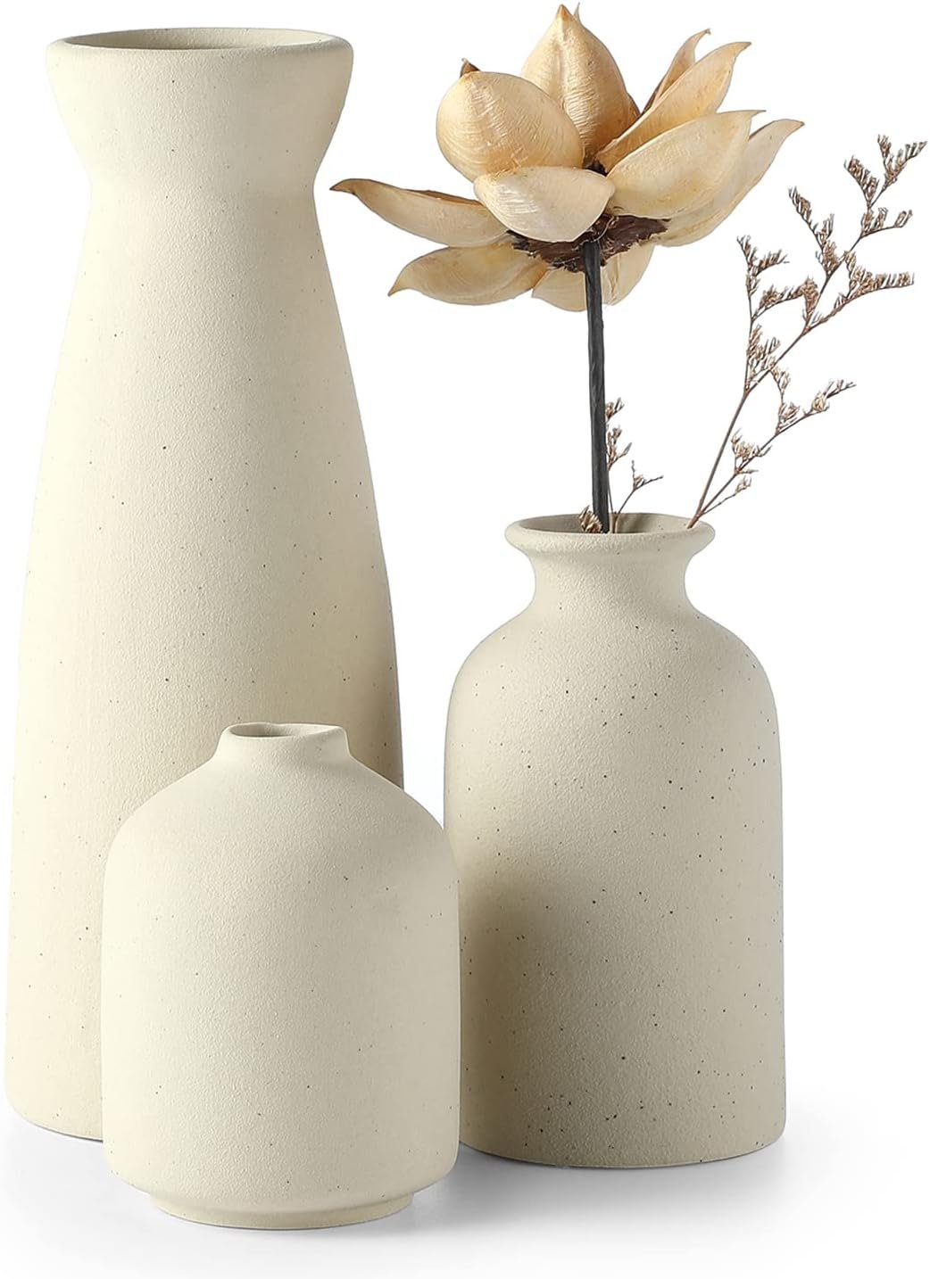 Beige Ceramic vase Set-3 Small Flower vases for Decor,Modern Boho Farmhouse Home Decor,Decorative vase for Pampas Grass&Dried Flowers,idea Shelf,Table,Bookshelf ,Entryway- Distressed