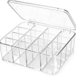 16-Compartment Transparent Plastic Storage Box with Lid and Adjustable Dividers