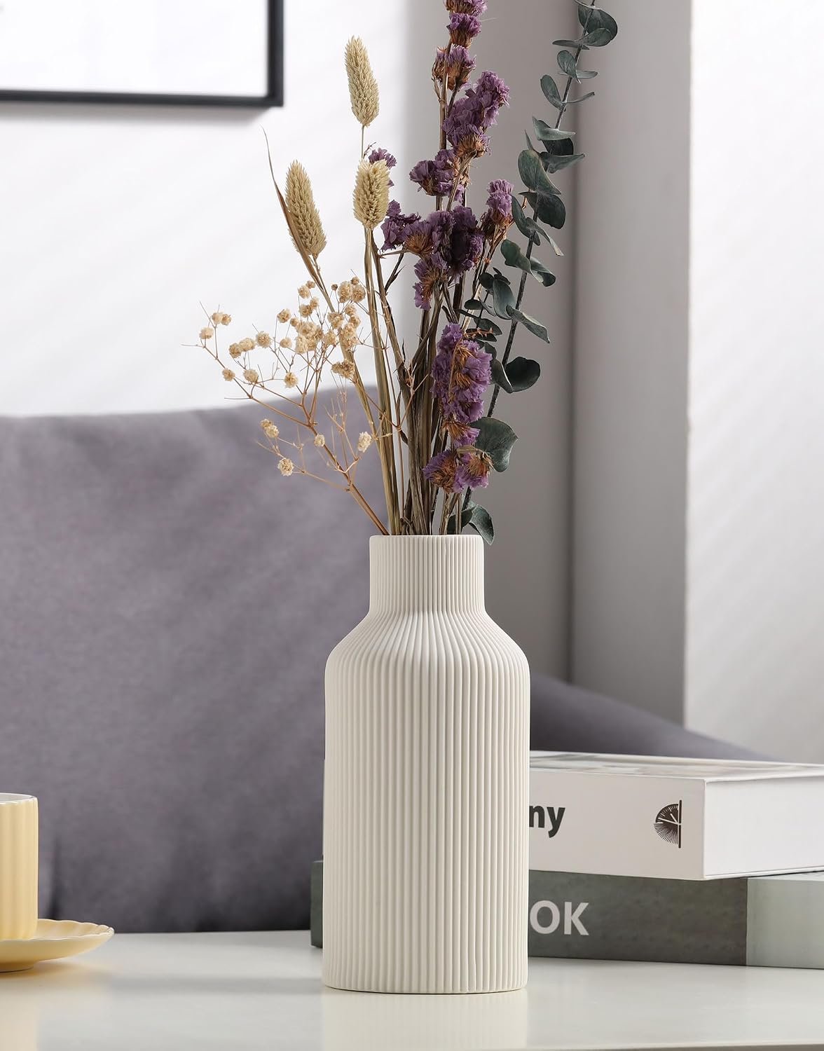 White Ceramic Flower Vase,Minimalist Modern Home Decoration,Small Pampas Grass Vases for Decor,Table,Shelf Bookshelf Decorative,Mantel,Entryway Decor and Centerpieces(8 in) - Image 2