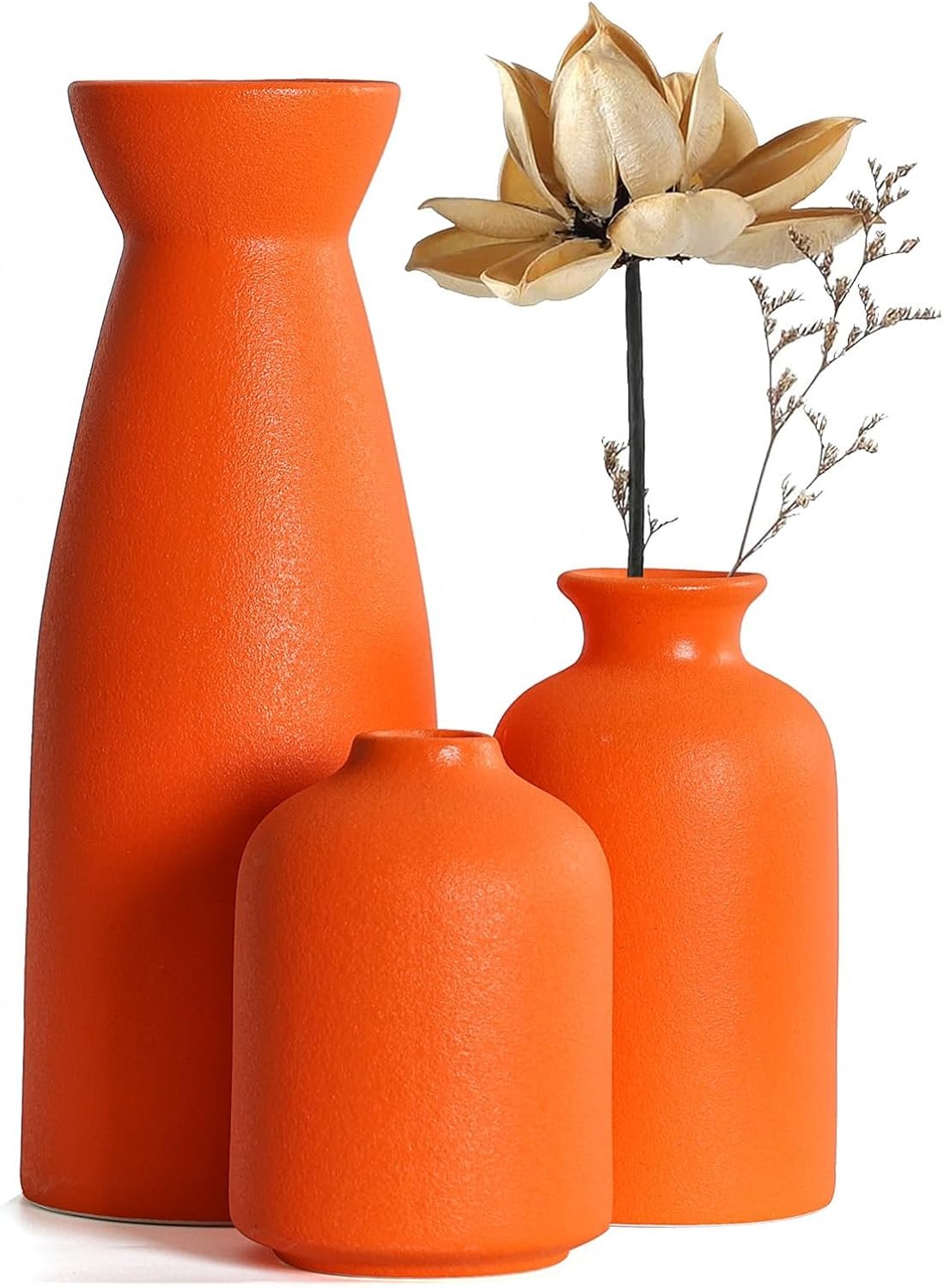 Ceramic Orange Vases Set of 3 Small Flower Vases for Decor, Modern Rustic Farmhouse Home Decor, Decorative Vases for Pampas Grass,Idea Shelf,Table,Bookshelf,Entryway- Distressed Decor