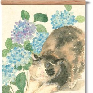Cat Scroll Poster for Wall Art Cute,Traditional Chinese Ink Wash Style Cat Decor,Cat Watercolor Painting Gift for Wife,Vintage Cat Print for Girls Bedroom, Kids Room, Living Room (Endless Summer, 16”x22”)