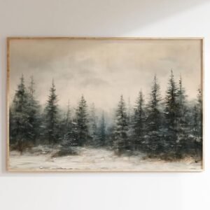 Winter Forest Canvas Wall Art Vintage Christmas Painting Evergreen Tree Artwork Winter Landscape Art Prints Snowy Forest Canvas Art Watercolor Pine Tree Wall Art Winter Tree Pictures 16x24in No Frame