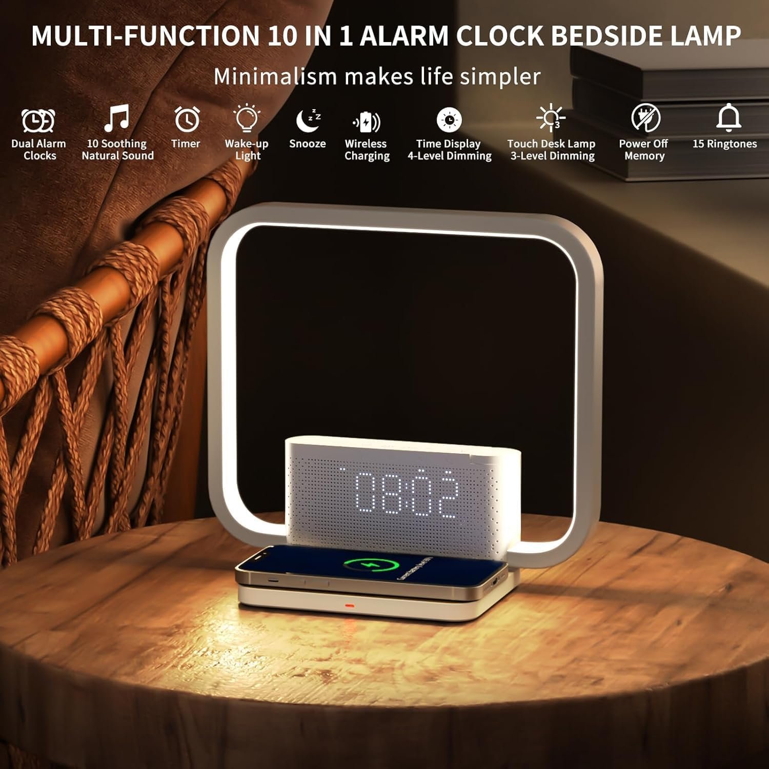 This sunrise alarm clock is designed specifically for deep sleepers. It features a touch-sensitive bedside lamp, a wireless phone charging dock, sleep aid function, wake-up light, snooze/timer, 10 natural sound effects, and 3 adjustable brightness levels. - Image 2