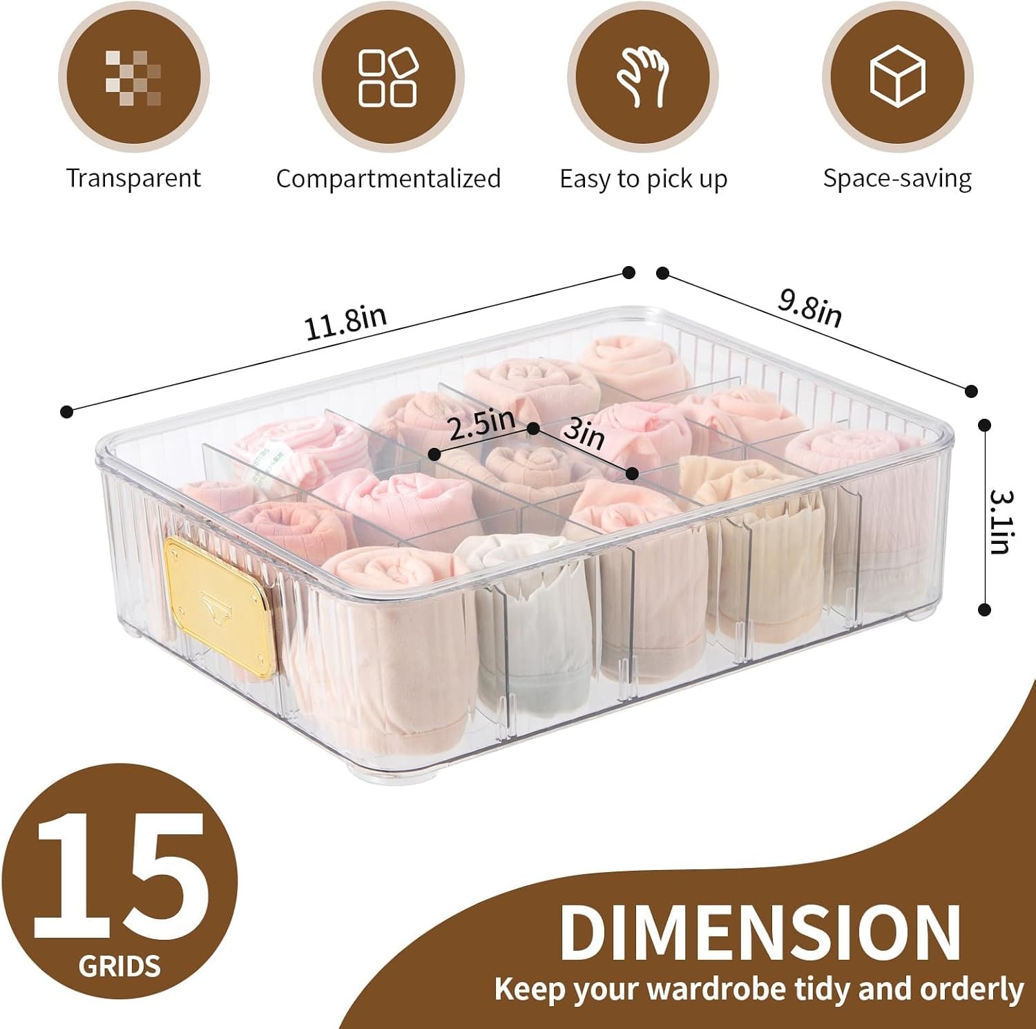 15-Compartment Detachable Plastic Underwear Drawer Organizer with Transparent Lid - Image 2