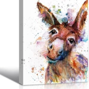 Watercolor Donkey Wall Art Décor for Farmhouse, Animals Portrait Splatter and Splotches Modern Colorful Canvas Prints Paintings for Bathroom Living room Kids Room Home Decoration, 12"x16"