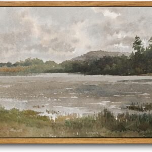 Framed Canvas Wall Art Room Decor Lakeside Landscape Vintage Wall Art Watercolor Vintage Wall Painting Prints Wall Decor for Bathroom Bedroom Living Room Office 9"x11"