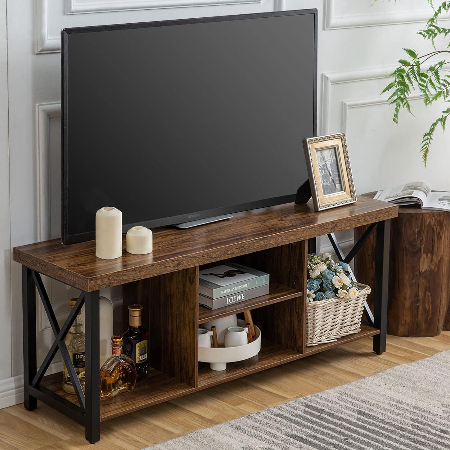 TV Stand for TV up to 55 Inches, TV Cabinet with Open Storage, TV Console Unit with Shelving for Living Room, Entertainment Room, Rustic Brown - Image 2