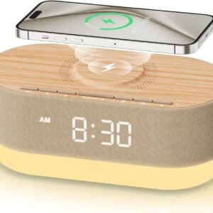 3-in-1 Alarm Clock Radio & Wireless Charger & Bluetooth Dual Speaker, Dimmable Bedside Night Light, Soft Alarm, Digital Clock for Bedroom - Wood Tone