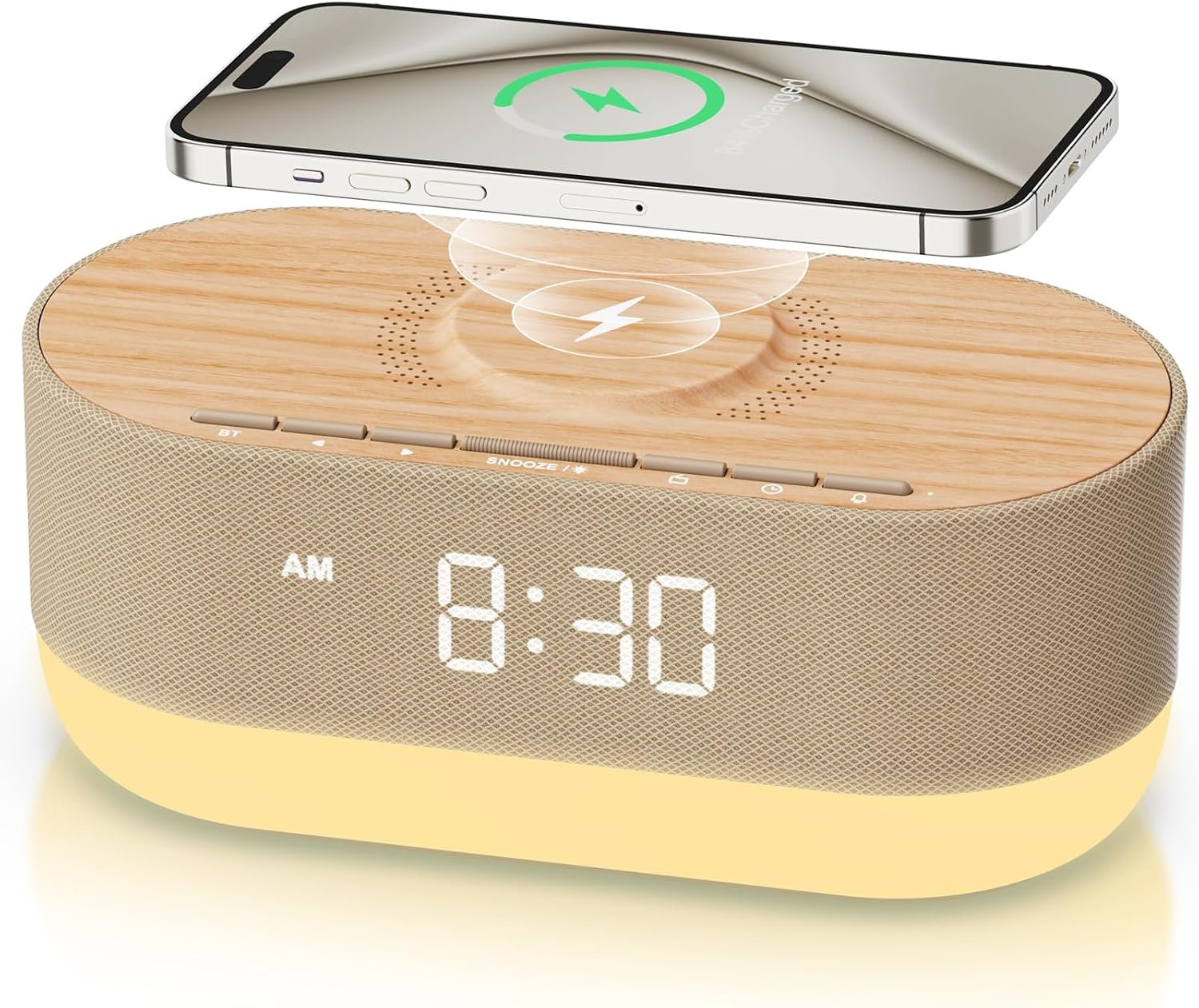 3-in-1 Alarm Clock Radio & Wireless Charger & Bluetooth Dual Speaker, Dimmable Bedside Night Light, Soft Alarm, Digital Clock for Bedroom - Wood Tone