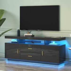 High Gloss Entertainment Center with 3-Colors Lighting, LED Modern TV Stand for 65+ inch TV, Home Storage Cabinet, Console Media Cabinet for Living Room (Pearl Black)