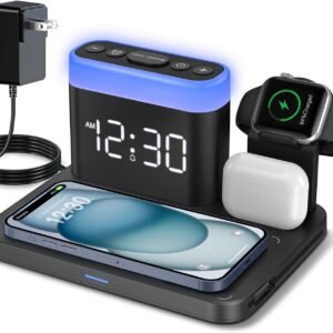 Wirelss Charging Staion,3 in 1 Multiple Charger Stand with Alarm Clock,7 Night Light