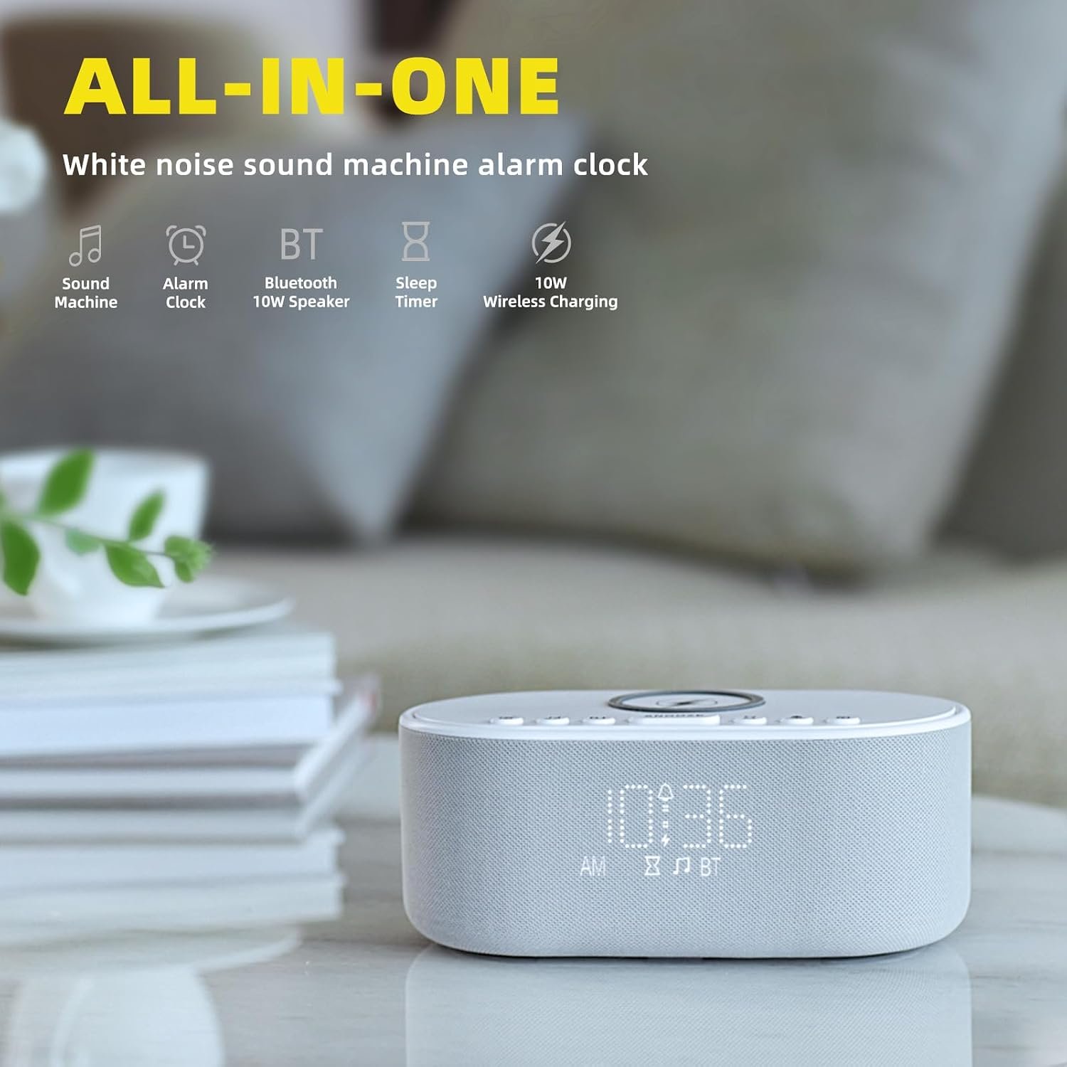Sound Machine Alarm Clock Wireless Charger: Bluetooth 10W Stereo Sound Speaker Bedroom - White Noise Machine for Sleeping with 21 Soothing Sounds - Image 2