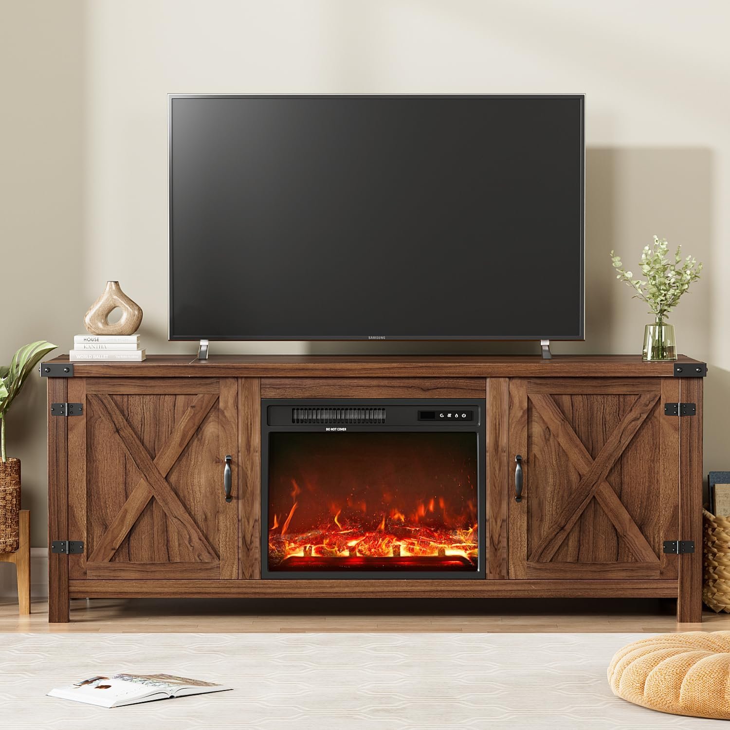 Fireplace TV Stand with Two Barn Doors and Storage Cabinets for Televisions up to 65+ Inch, Entertainment Center Console Table, Media Furniture for Living Room, 58 Inch, Walnut