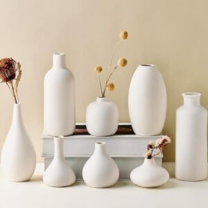 Set of 8 White Ceramic Vases for Dried Pampas Grass Flowers, Aesthetic Boho Modern Decor for Farmhouse Living Room Coffee Table Shelf Fireplace Centerpiece Bedroom Office Desk Home DIY Gifts