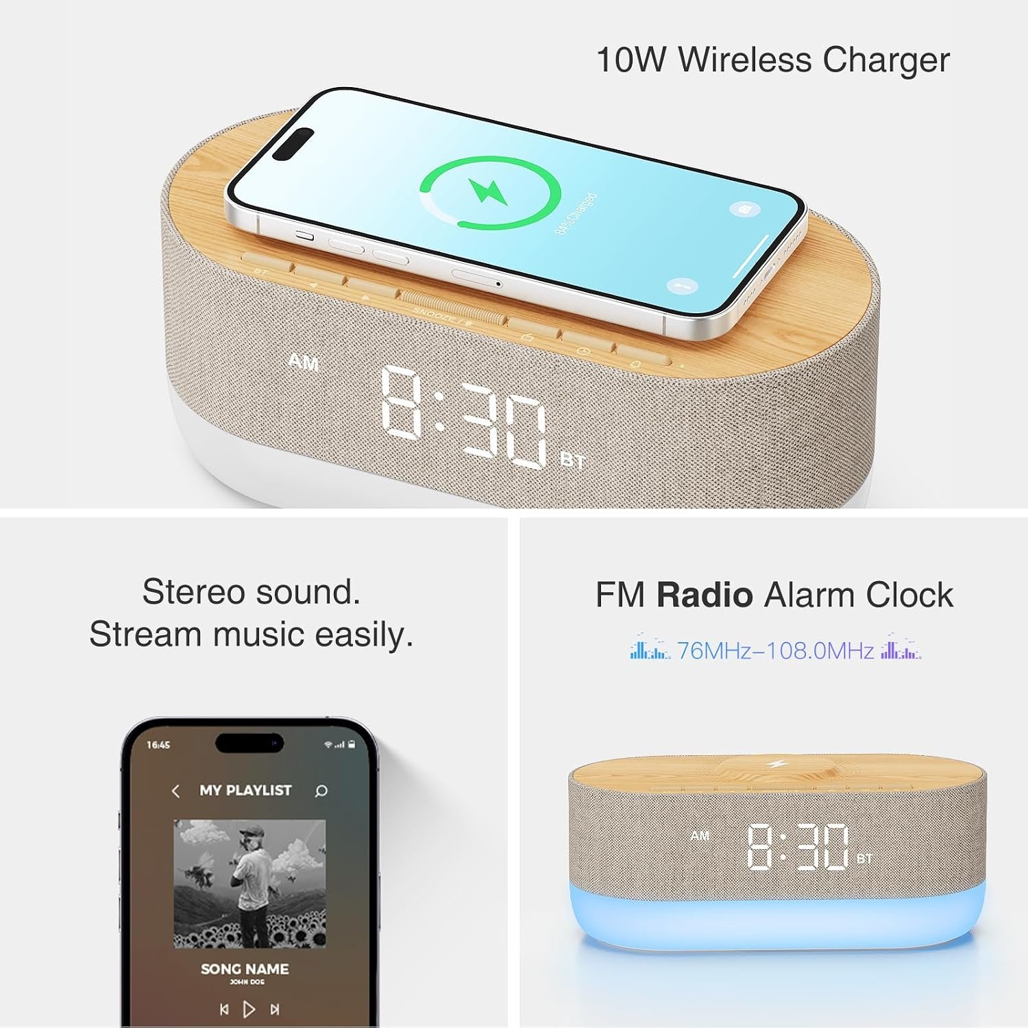 3-in-1 Alarm Clock Radio & Wireless Charger & Bluetooth Dual Speaker, Dimmable Bedside Night Light, Soft Alarm, Digital Clock for Bedroom - Wood Tone - Image 2