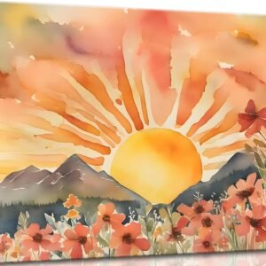 Canvas Wall art Mid-Century Modern Abstract Bohemian Sunset in The Mountains Watercolor Wildflowers Sunrise Landscape Picture Wall Decor Poster Print Artwork for Living Room Bedroom