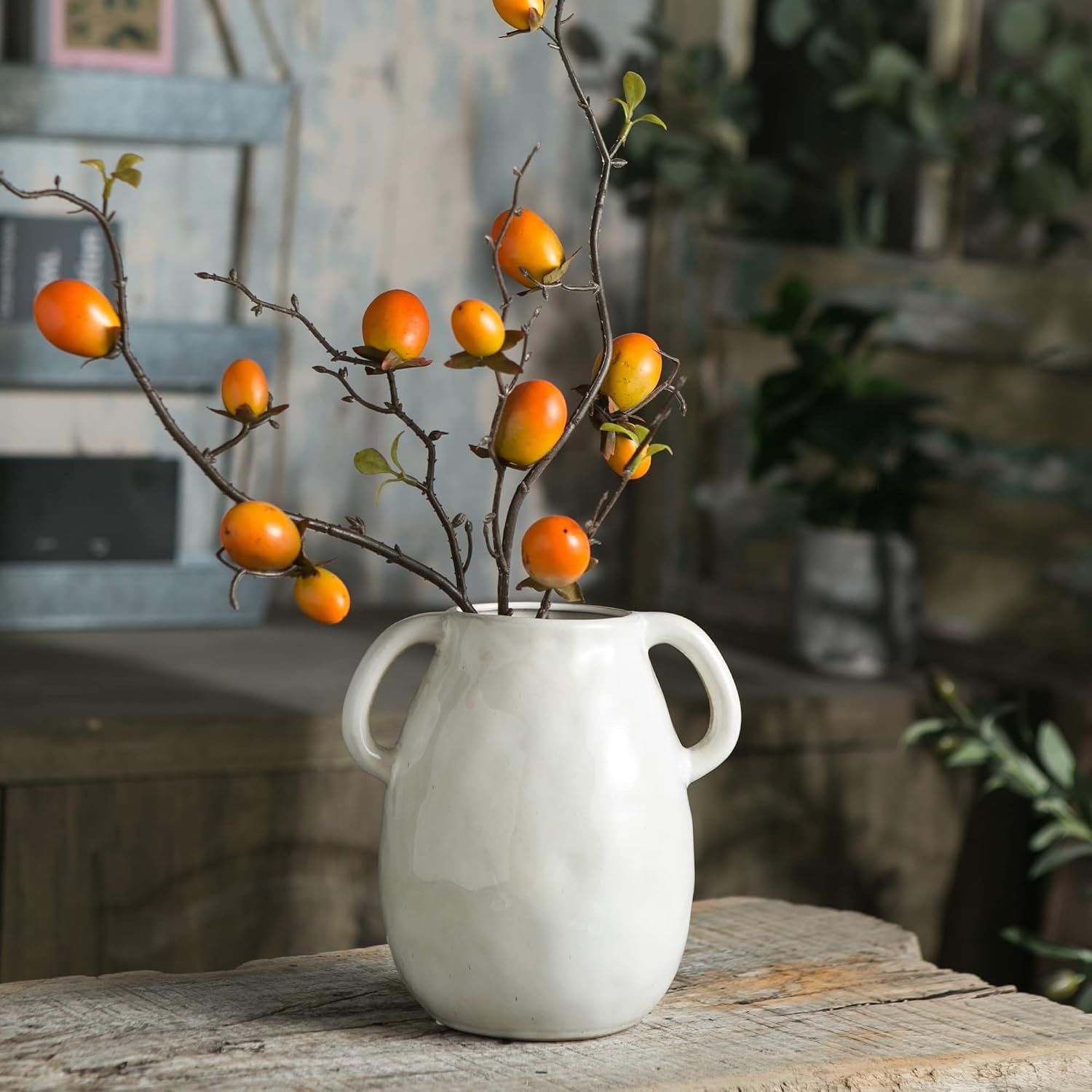 White Ceramic Vase with 2 Handles, Modern Farmhouse Vase for Home Decor, Rustic Terracotta Vase, Decorative Pottery Flower Vase, Clay Samll Vase, Centerpieces for Dining Table - 7 Inch Tall - Image 2