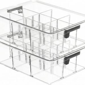 2-Pack Plastic Drawer Organizer Boxes with 9 Removable Dividers and Transparent Lids
