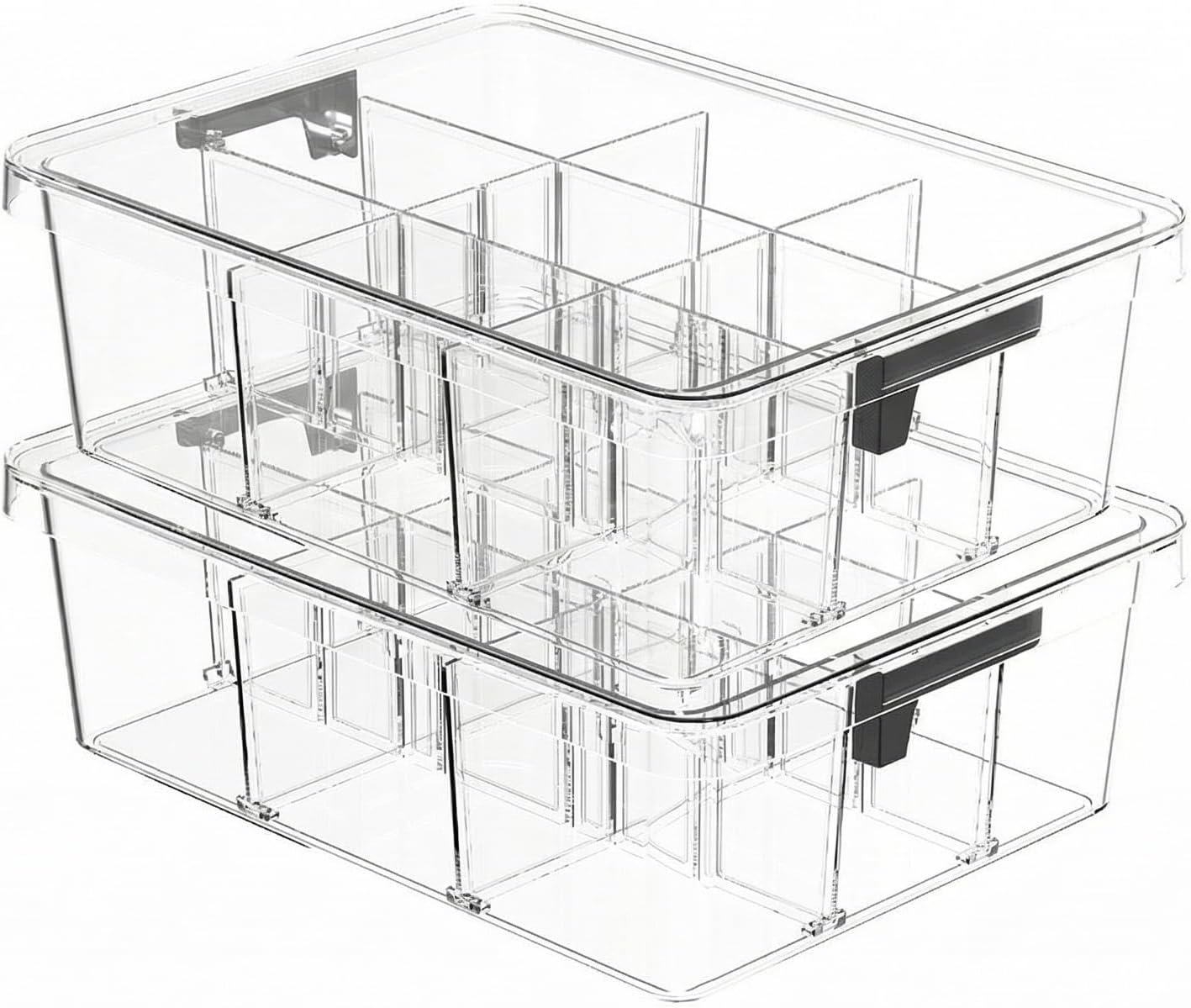 2-Pack Plastic Drawer Organizer Boxes with 9 Removable Dividers and Transparent Lids