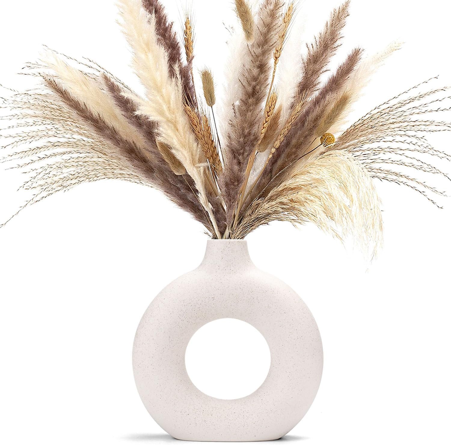 White Donut Vase Hollow Ceramic Vase for Flowers Handmade Minimalist Boho ins Style Modern Home Decor for Wedding Dinner Table Party Living Room Office Bedroom