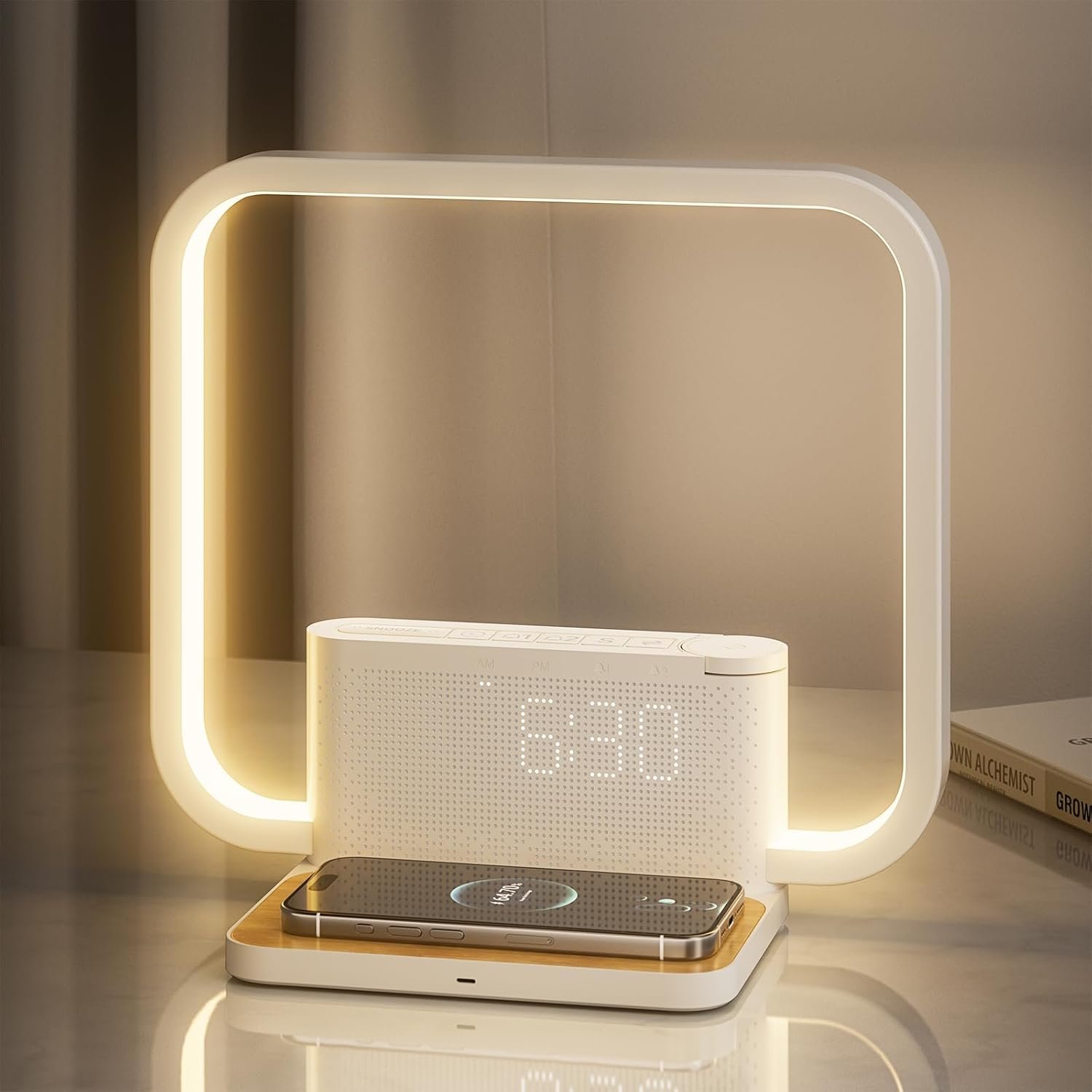 This sunrise alarm clock is designed specifically for deep sleepers. It features a touch-sensitive bedside lamp, a wireless phone charging dock, sleep aid function, wake-up light, snooze/timer, 10 natural sound effects, and 3 adjustable brightness levels.