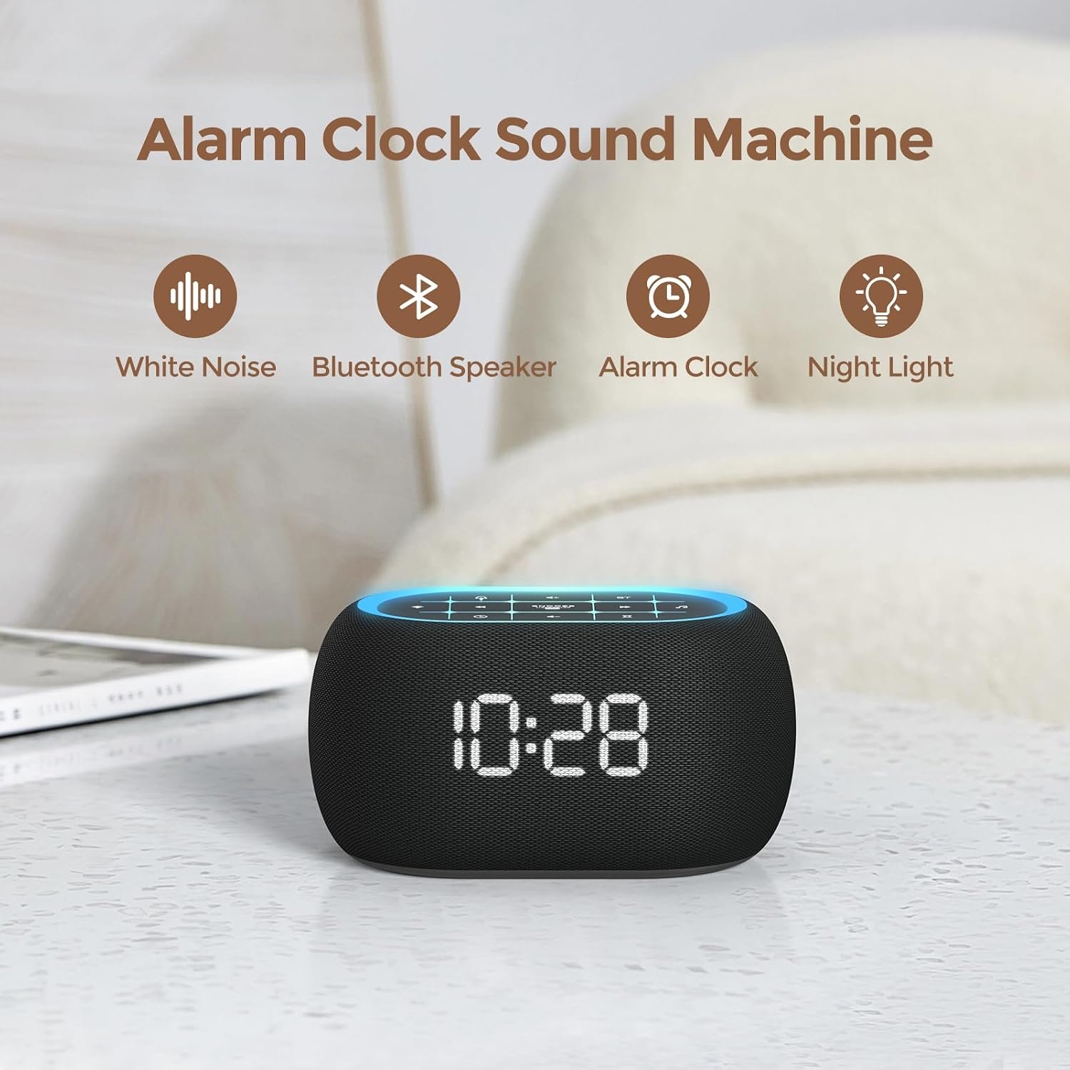 Alarm Clock White Noise Sound Machine with Bluetooth Speaker, 21 Soothing Sounds, 7 Night Lights, 0-100% Dimmer/Sleep Timer/Volume Control, Small Design for Kids Adults Sleeping,Bedroom (Black) - Image 2