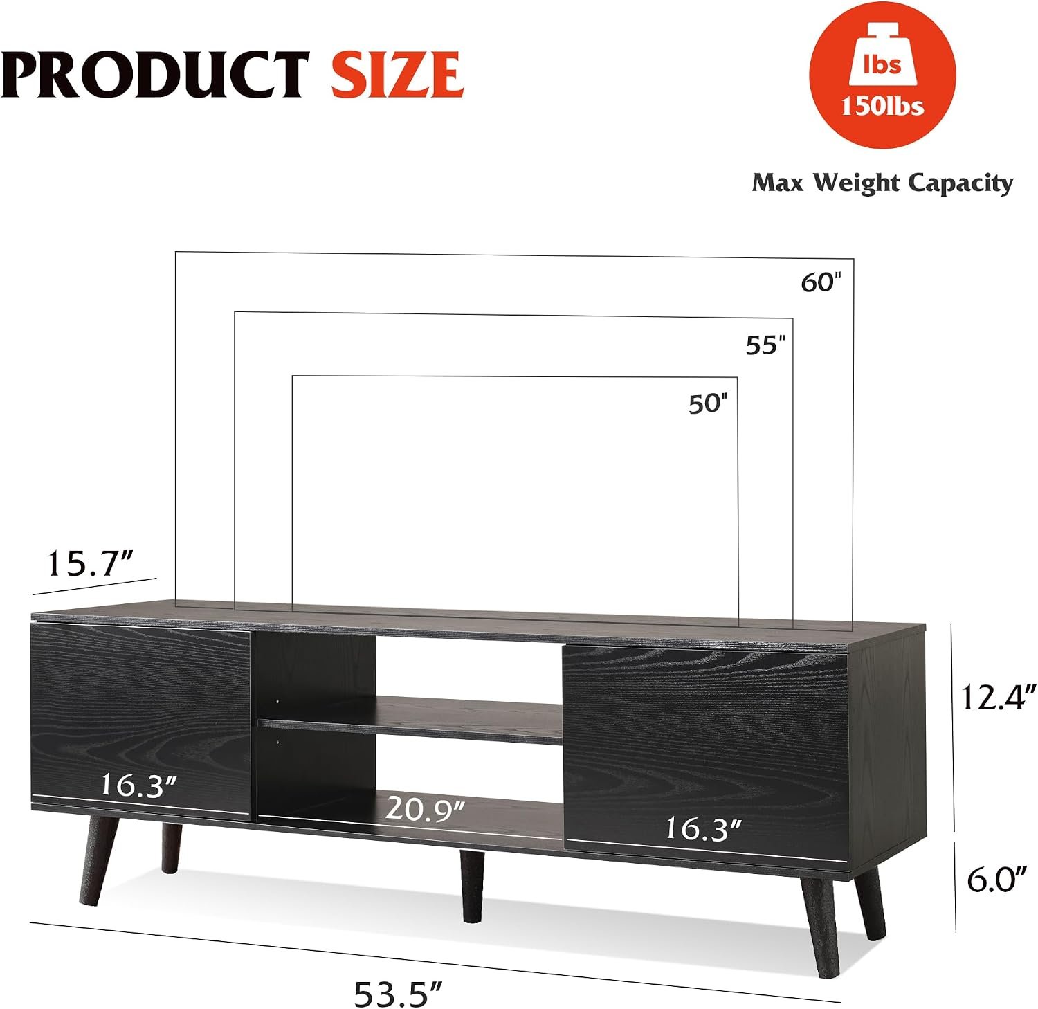 TV Stand for 55 60 inch TV, Entertainment Center with Storage Cabinets, Rustic TV Console for Living Room Decor, Black - Image 2