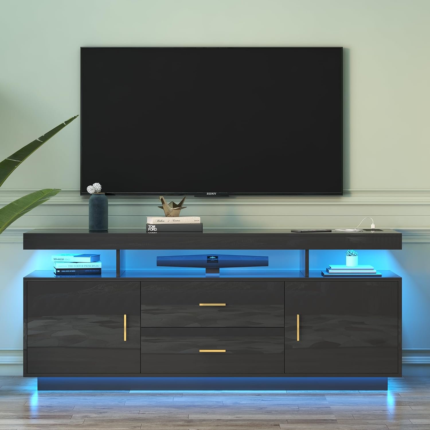 High Gloss Entertainment Center with 3-Colors Lighting, LED Modern TV Stand for 65+ inch TV, Home Storage Cabinet, Console Media Cabinet for Living Room (Pearl Black) - Image 2