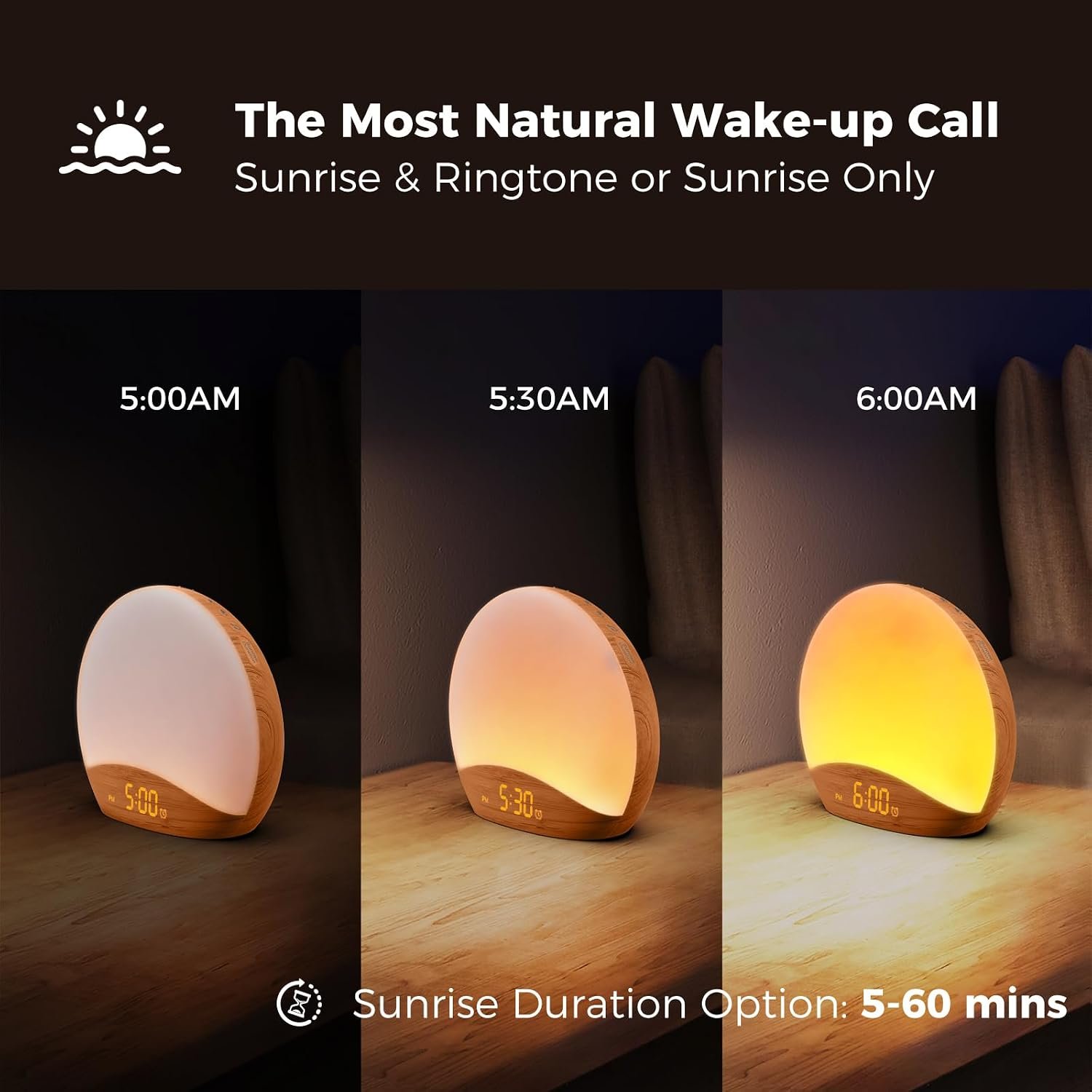 Wood Grain Sunrise Alarm Clock and Sound Machine Nightlight, Digital Dimmable Clock for Bedroom, 26 Sleep Sounds, White Noise Machine for Baby, Adults, Wake Up Light Alarm Clock for Kids - Image 2