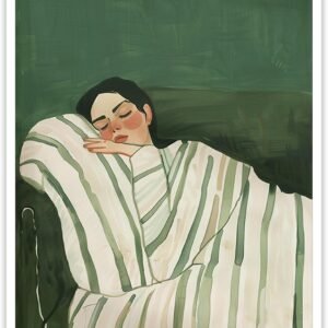 Contemporary Woman Lying on Couch Wall Art Eclectic Emerald Green Posters Minimalist Stripe Decor Modern People Canvas Prints  Feminist Aesthetic for Large Living Room Bedroom 12x16in Unframed