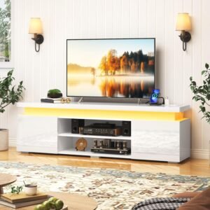 65IN LED TV Stand for 70/75 Inch TV, Modern Gaming TV Stand with Power Outlet, Large High Gloss TV Console Entertainment Center with Storage for Living Room, White