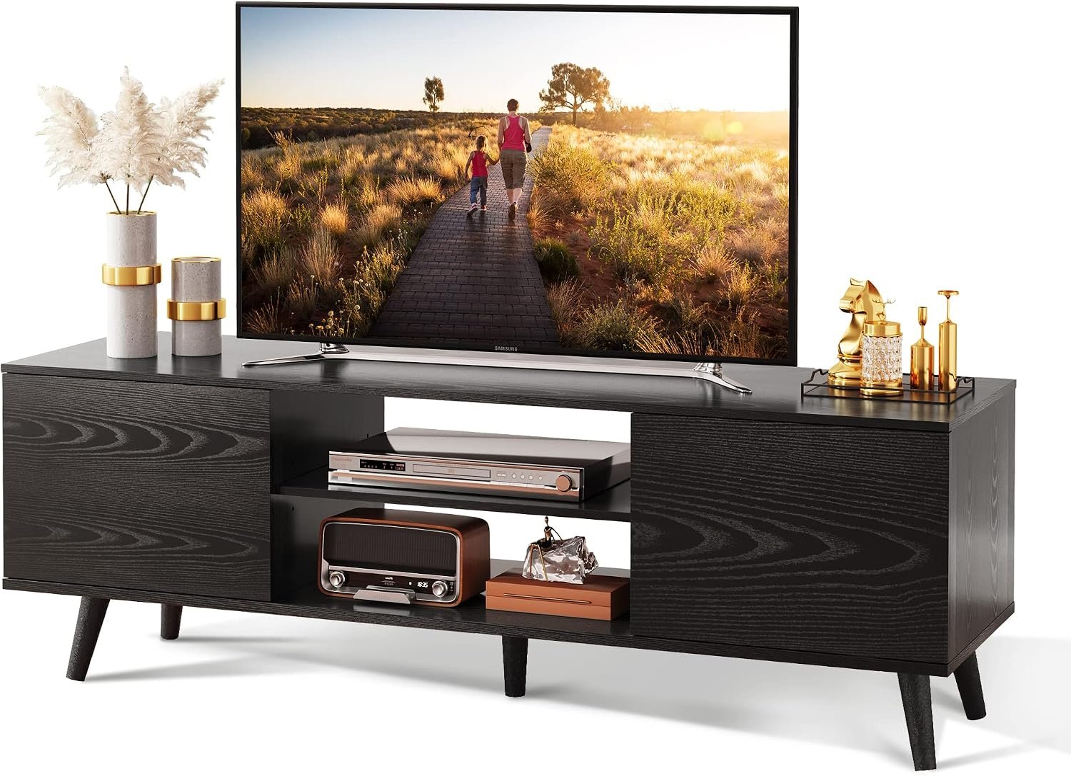 TV Stand for 55 60 inch TV, Entertainment Center with Storage Cabinets, Rustic TV Console for Living Room Decor, Black
