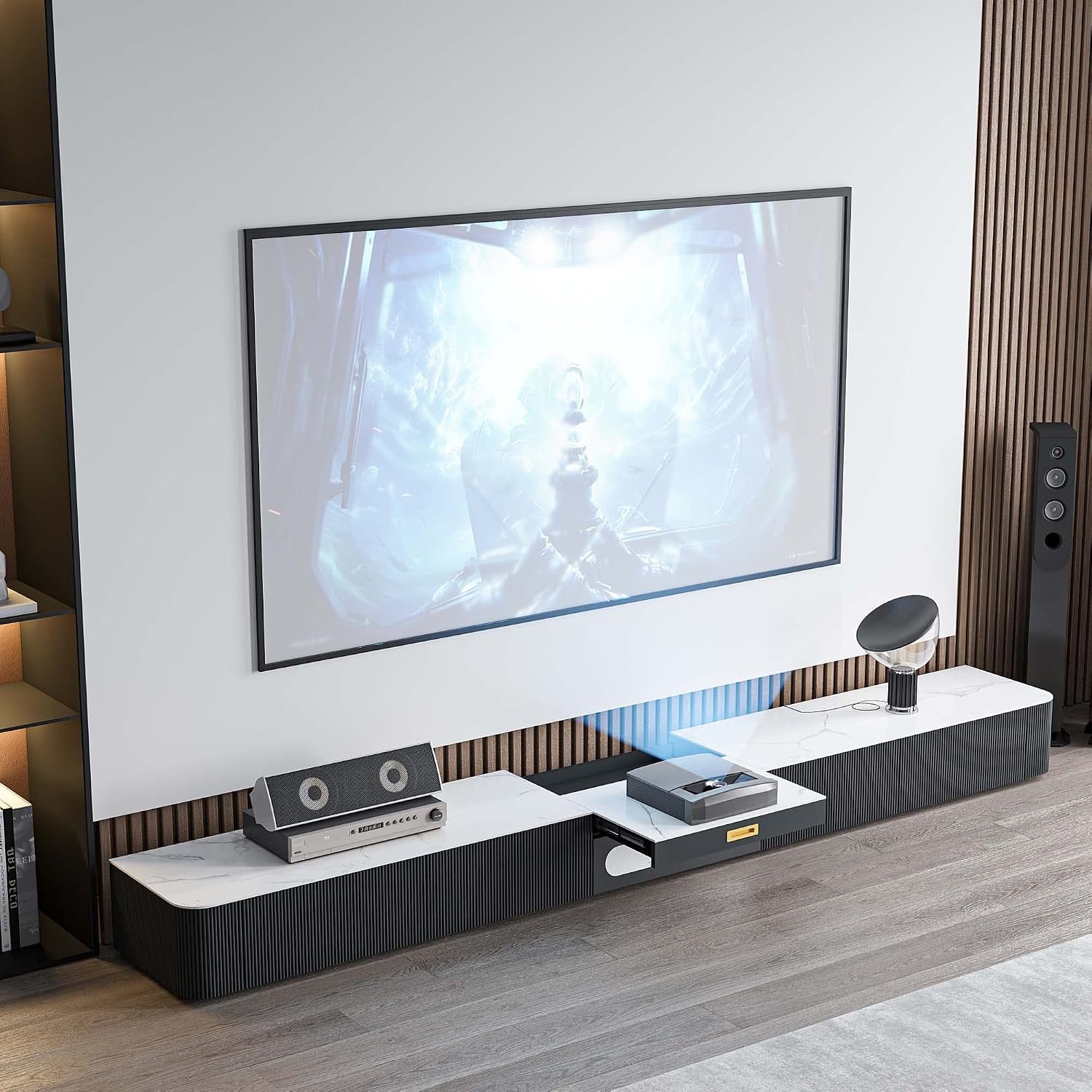 Modern TV Stand for Projector, Sintered Stone Entertainment Center with 5 Drawers for Living Room, 85 inch TV Stand, Solid Wood TV Stand