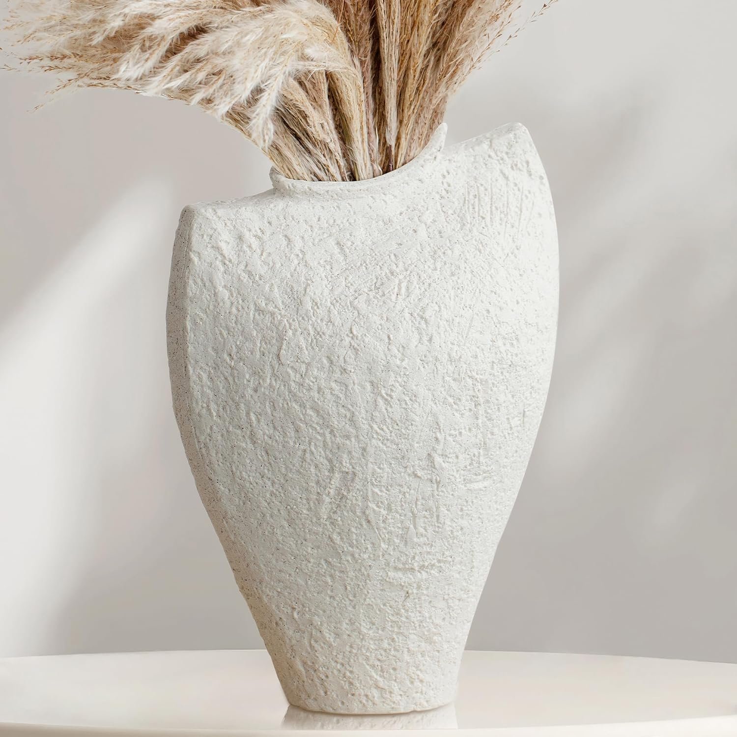 Large Ceramic Vase for Decor Living Room, 11 inch Tall White Ceramic Flower Vases, Boho Vase for Farmhouse Home Decor, Stone Textured Modern Nordic Artisan Vases for Centerpiece, Leak Proof