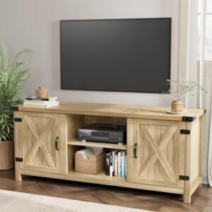 Modern Farmhouse TV Stand with Two Barn Doors and Storage Cabinets for Televisions up to 65+ Inch, Entertainment Center Console Table, Media Furniture for Living Room, 58 Inch, White Oak