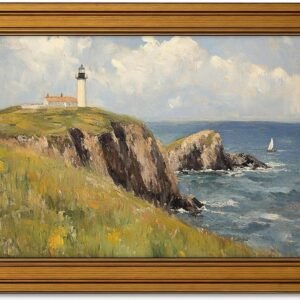 Vintage Gold Framed Canvas Wall Art, Island Lighthouse Poster Artwork, Nature Ocean Landscape Print Picture, Seascape Painting Wall Decor, for Living Room, Bedroom, Home Decoration, 9x11in
