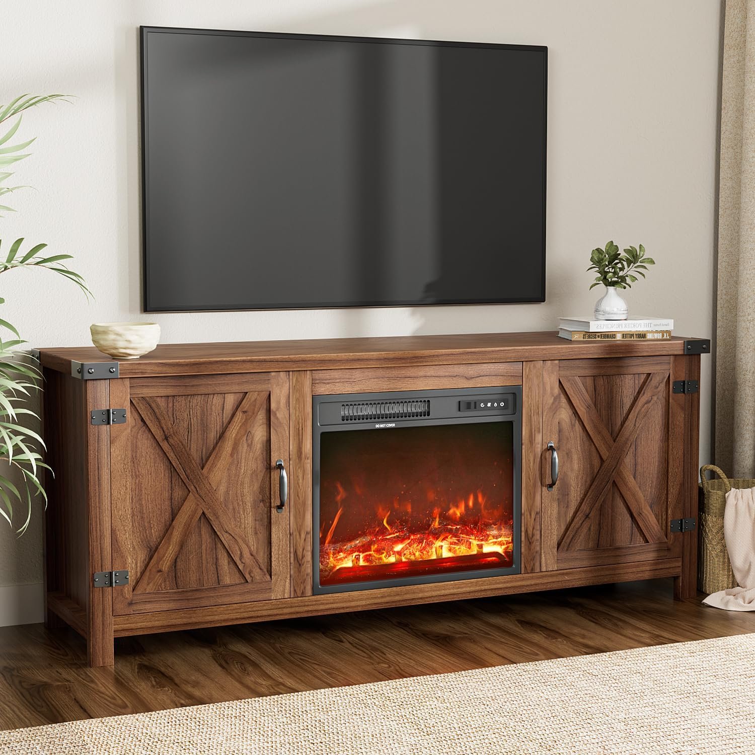 Fireplace TV Stand with Two Barn Doors and Storage Cabinets for Televisions up to 65+ Inch, Entertainment Center Console Table, Media Furniture for Living Room, 58 Inch, Walnut - Image 2