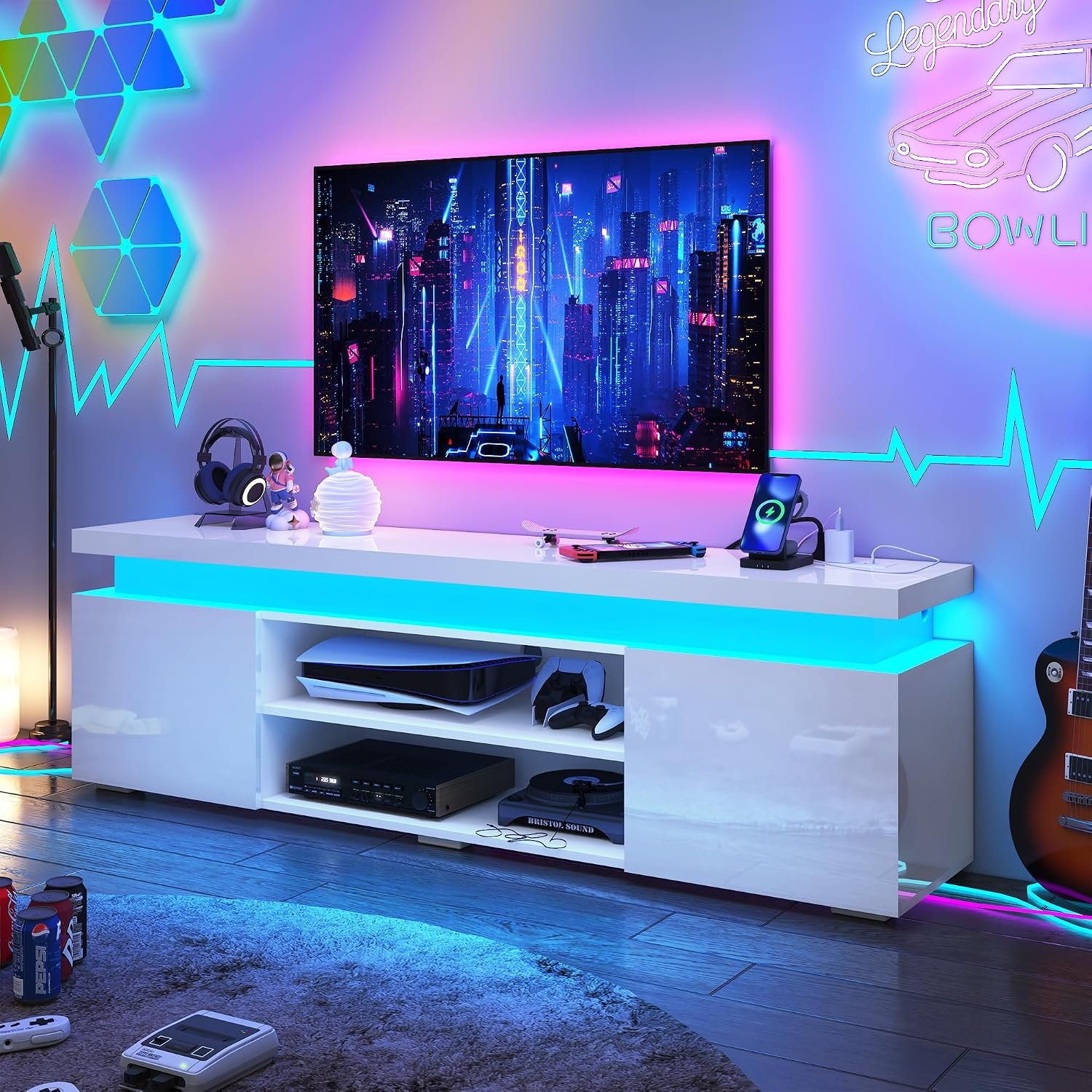 65IN LED TV Stand for 70/75 Inch TV, Modern Gaming TV Stand with Power Outlet, Large High Gloss TV Console Entertainment Center with Storage for Living Room, White - Image 2