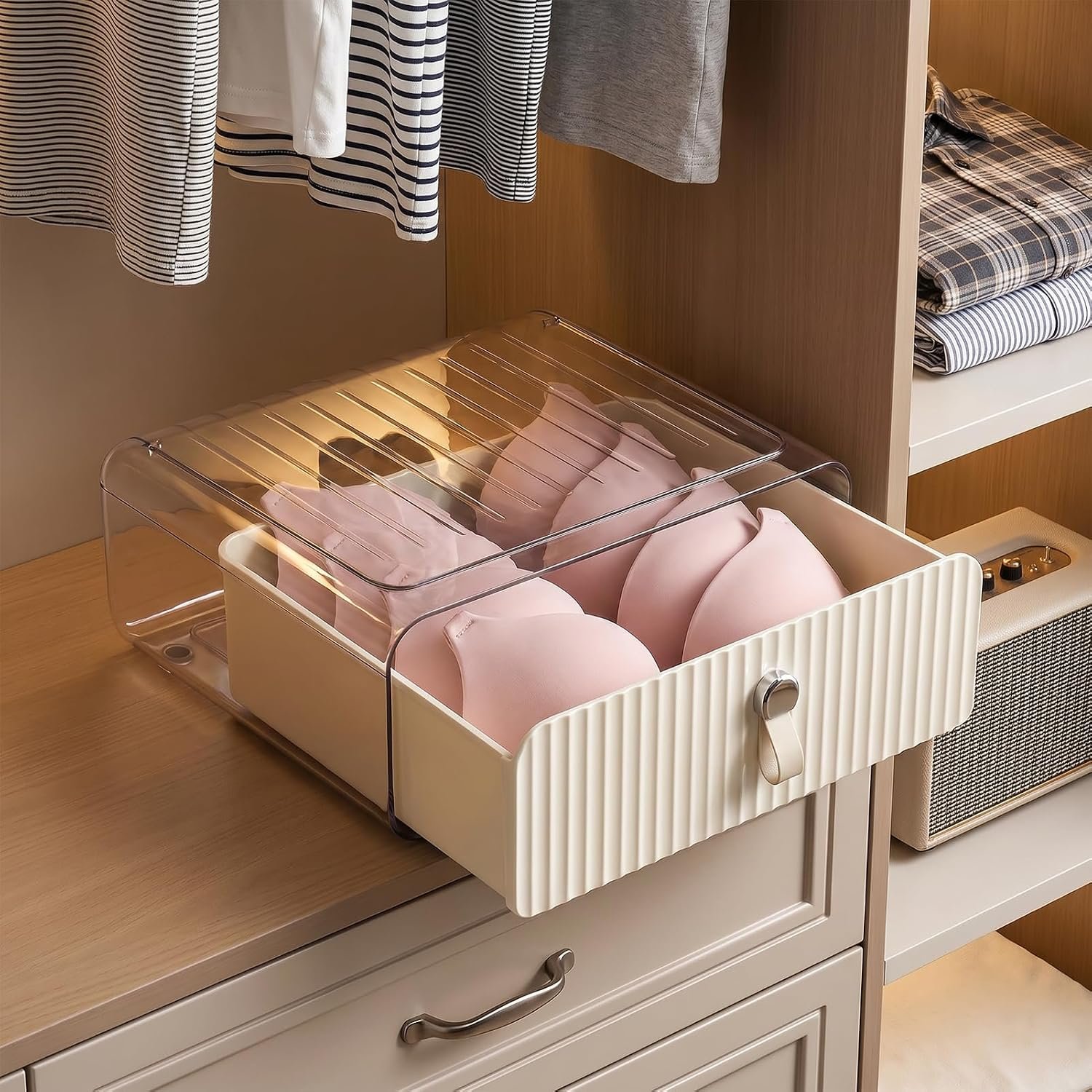 Single-Pack Transparent Acrylic Wardrobe Drawer, Stackable, with Leather Handles and Non-Slip Mat, Suitable for Bras, Underwear, and Socks - Image 2