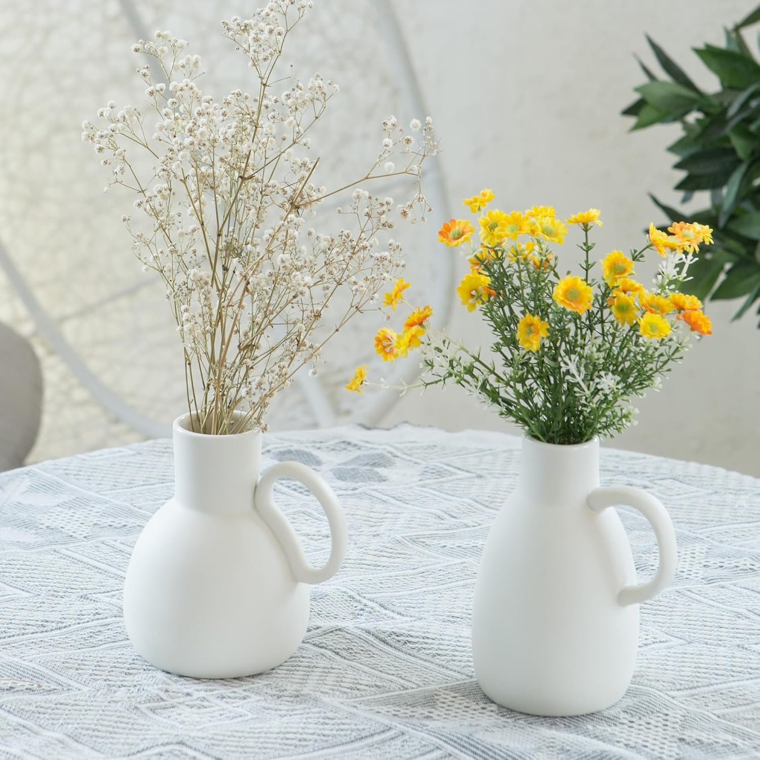 White Ceramic Vase Set - 2 Small Vases with Handle, Pottery Vases for Modern Home Decor, Minimalist Matte Pitcher for Fowers, Decorative Clay Vase Centerpiece Dining Table Decorations - Image 2