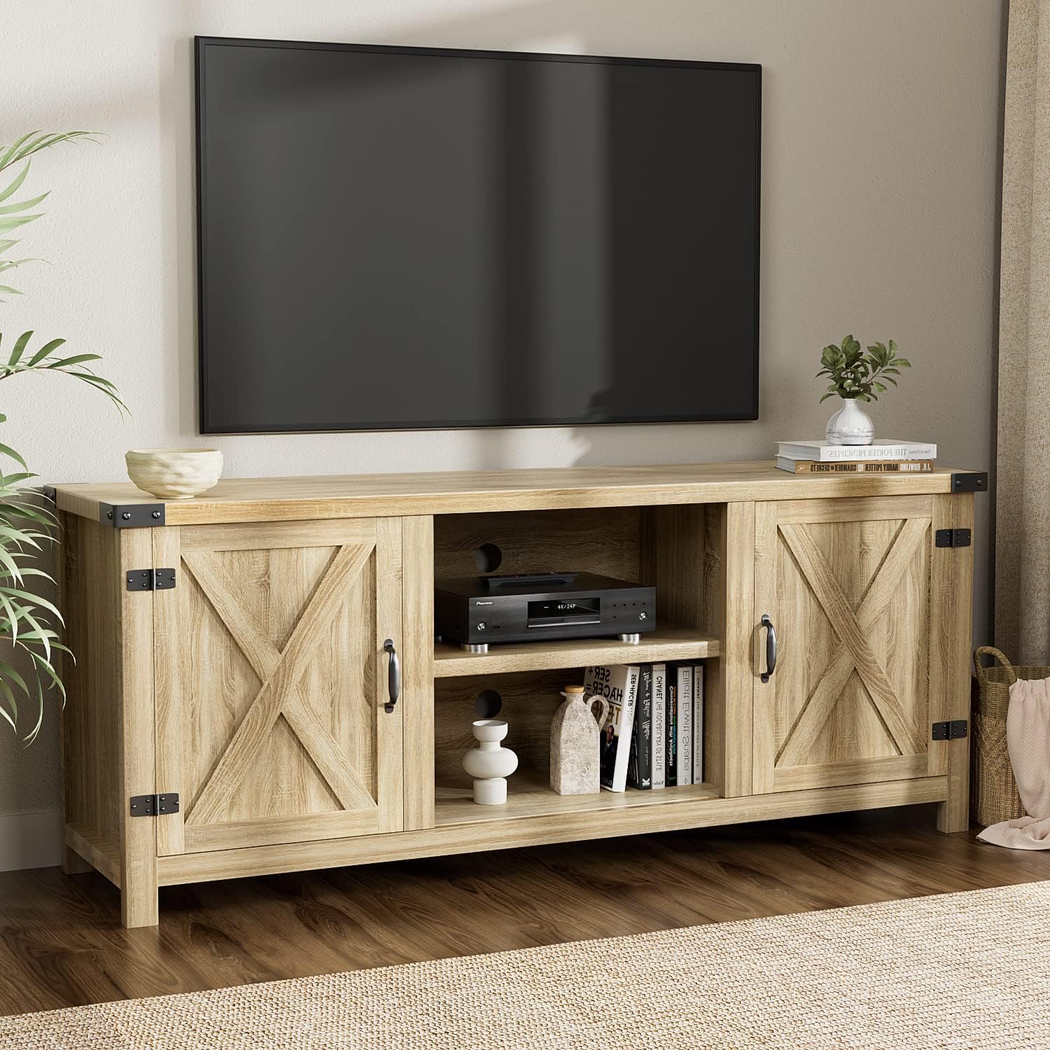 Modern Farmhouse TV Stand with Two Barn Doors and Storage Cabinets for Televisions up to 65+ Inch, Entertainment Center Console Table, Media Furniture for Living Room, 58 Inch, White Oak - Image 2