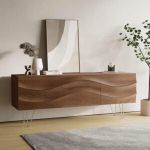 Wood Media Console, 63'' Mid Century TV Stand with Metal Legs, 4 Compartments & 2 Drawers, Unique Wave Design, Assembly-Free Living Room Tall-cast TV Cabinet for 55 inch TV